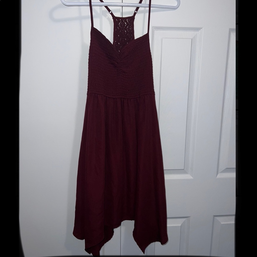 Maroon summer dress, asymmetrical bottom, lace back, ribbed top